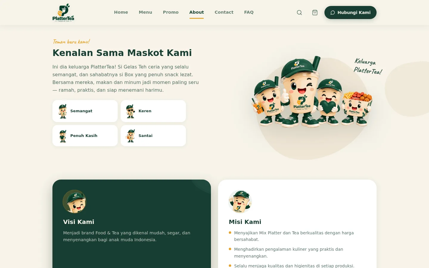 Halaman Tentang Kami — keluarga maskot PlatterTea (Semangat, Keren, Penuh Kasih, Santai) yang menyapa pengunjung brand Food & Tea Purwokerto