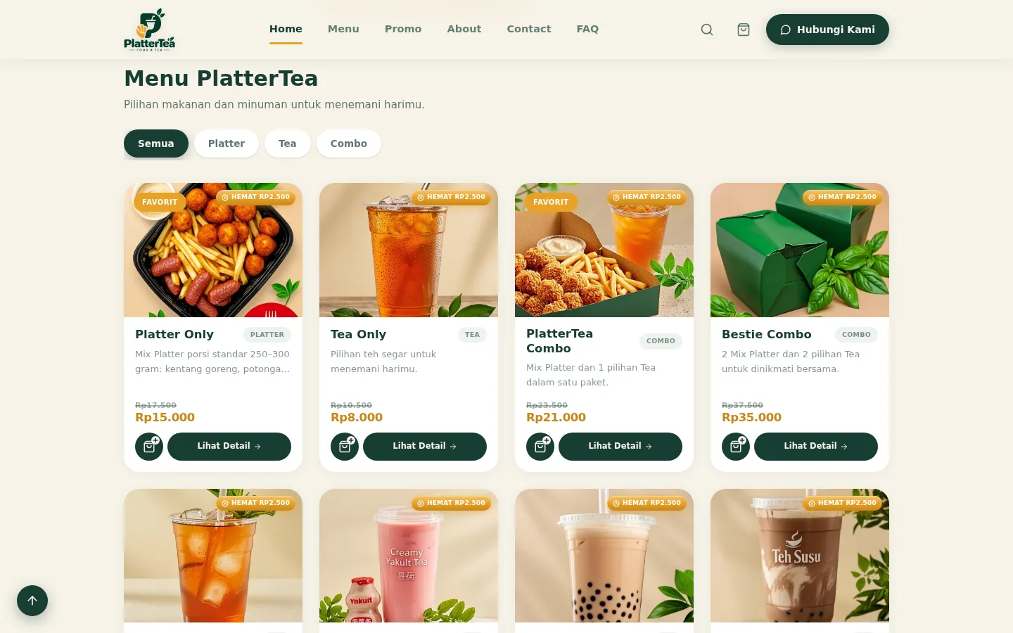 Katalog menu interaktif — 8 produk Platter, Tea & Combo dengan filter kategori, badge favorit, dan tombol tambah-ke-keranjang