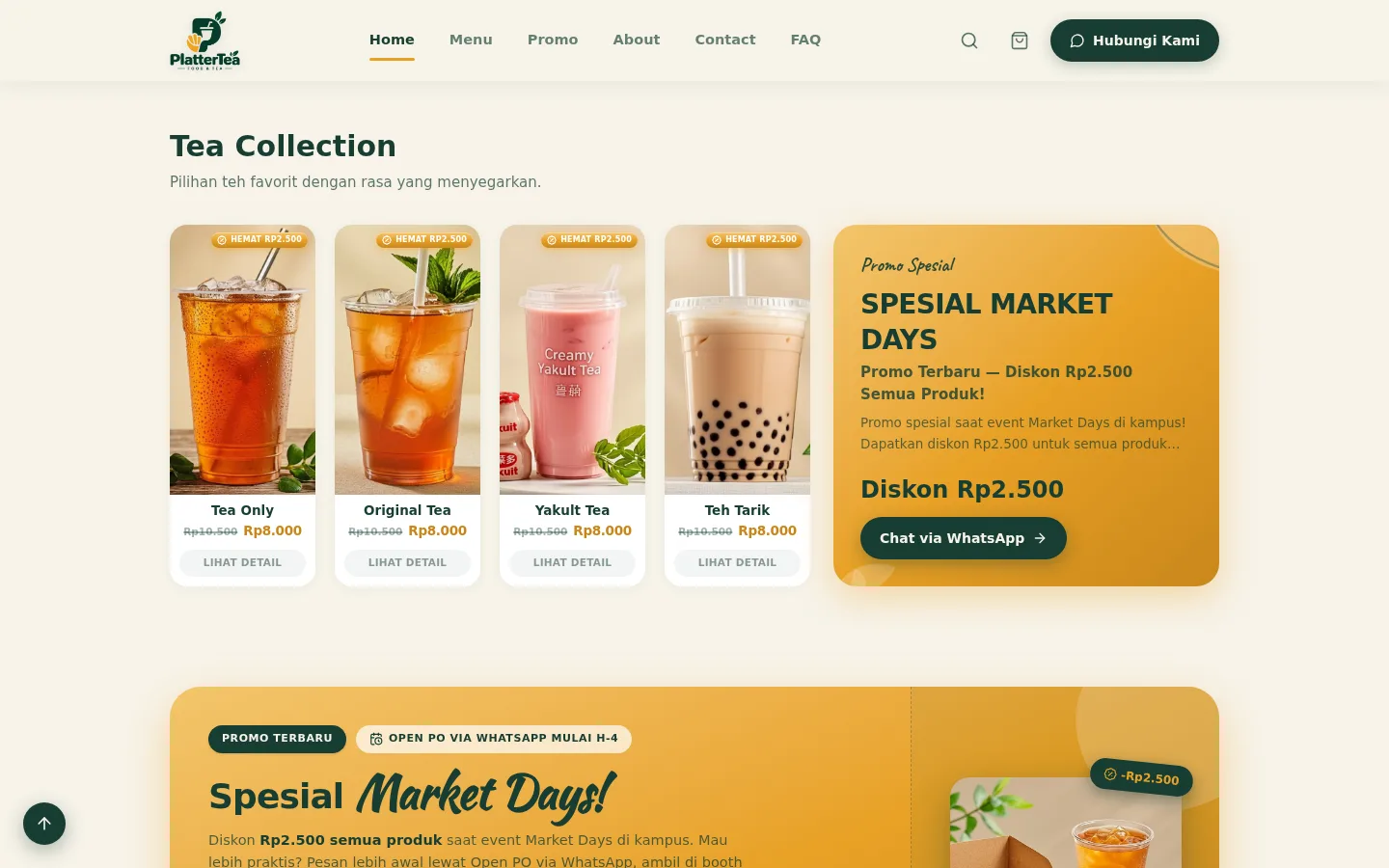 Tea Collection — koleksi teh pilihan (Original, Yakult, Teh Tarik) dengan kartu produk, harga, dan tombol lihat detail
