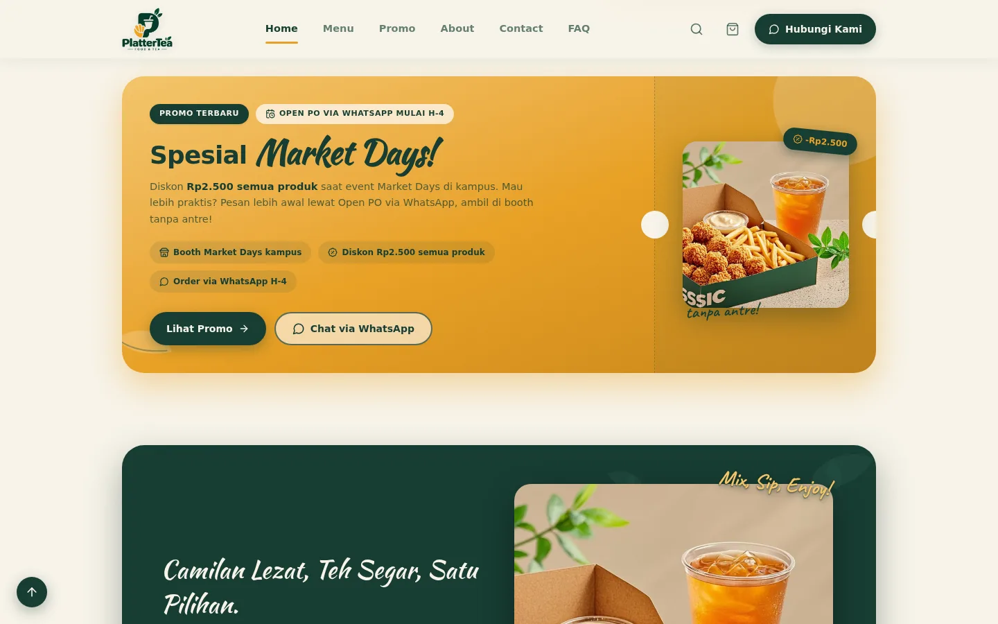 Promo Spesial Market Days — diskon semua produk dan alur Open PO via WhatsApp dari H-7 hingga pengambilan di booth