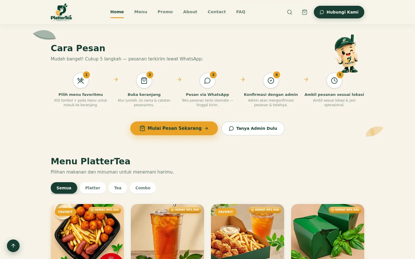 Alur cara pesan 5 langkah yang jelas — dari pilih menu, isi keranjang, hingga checkout otomatis ke WhatsApp admin