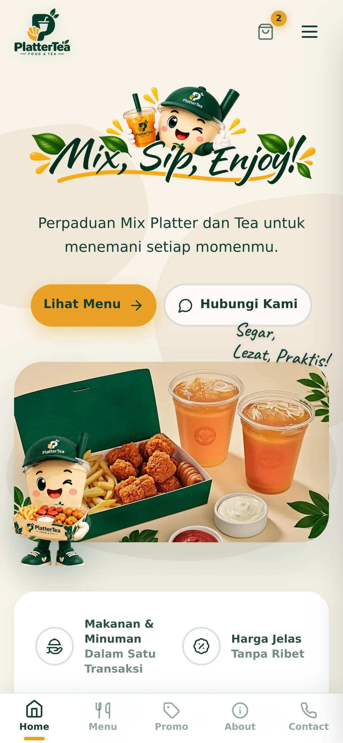 Tampilan mobile-first dengan bottom navigation — dioptimalkan untuk pengunjung dari share link WhatsApp dan Instagram